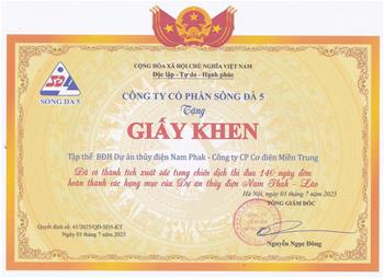 Giấy Khen- CEMC tham gia Dự án thủy điện Nam Phak_ Lào