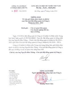 Thông báo chức danh và chữ ký Chủ tịch HĐQT Công ty nhiệm kỳ 2016 - 2021