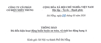 THÔNG BÁO Đủ điều kiện hoạt động huấn luyện an toàn, vệ sinh lao động hạng A