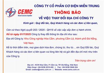 Thông báo thay đổi địa chỉ Công Ty Cổ phần Cơ Điện Miền Trung