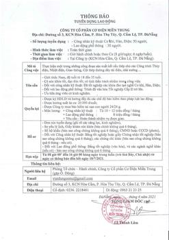 Công ty CP Cơ Điện Miền Trung tuyển dụng CNKT: Cơ khí, Hàn, Điện và Lao động phổ thông